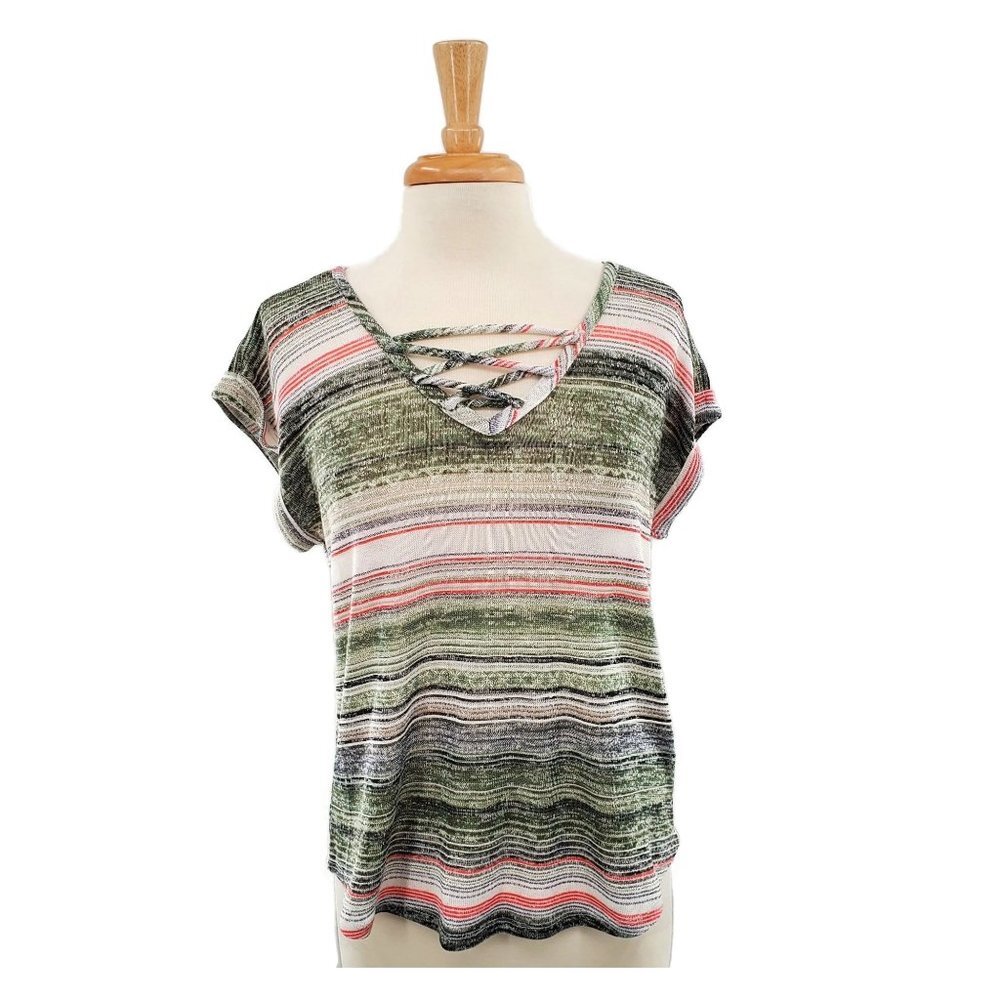 Almost Famous Womens Short‎ Sleeve Striped Blouse Size Large V-Neck Multicolor